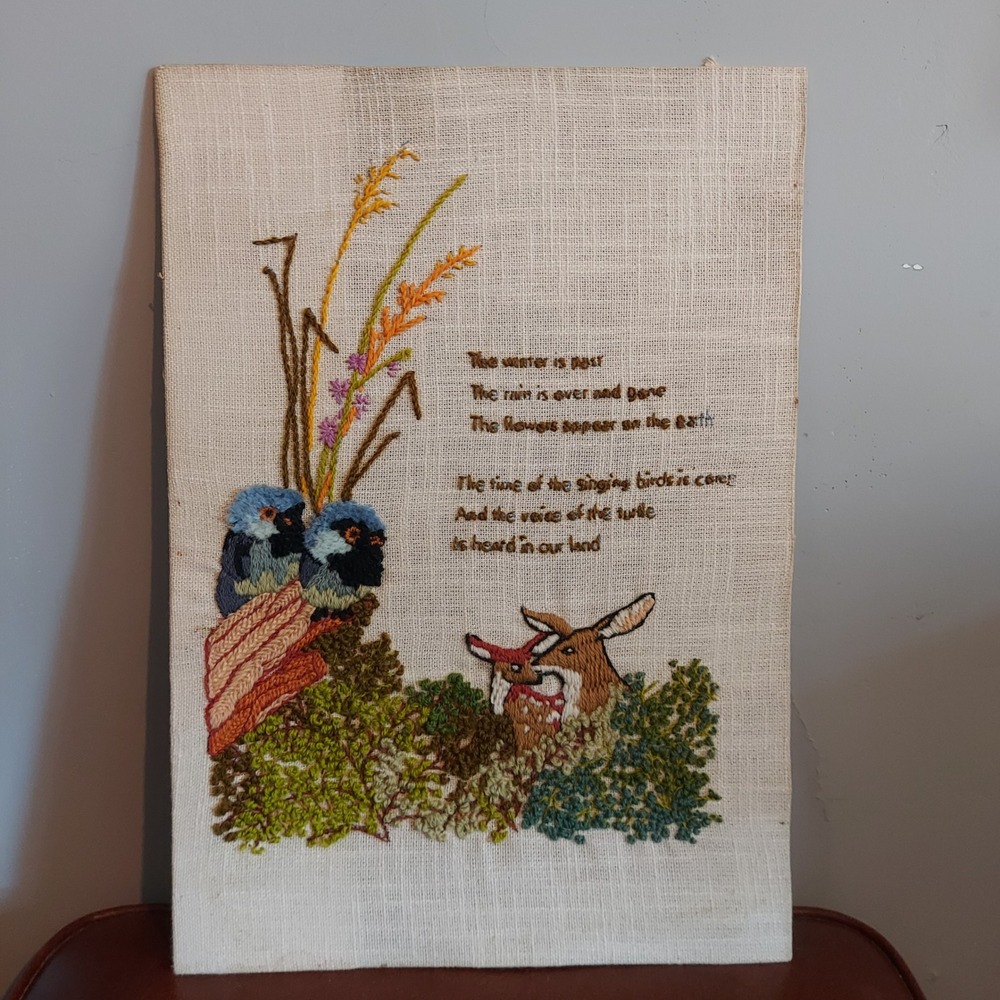 Vintage Erica Wilson Minerva Crewel Embroidery Deer Birds Poem 20x14 Wall Art